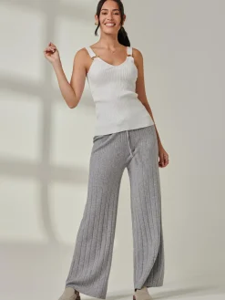Jolie Moi Co-Ords|Weekend Casuals-Ribbed Knit Wide Leg Trousers, Dove Heather