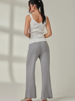Jolie Moi Co-Ords|Weekend Casuals-Ribbed Knit Wide Leg Trousers, Dove Heather