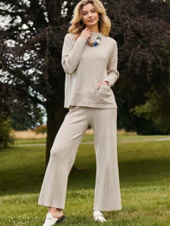 Jolie Moi Co-Ords|Weekend Casuals-Ribbed Knit Wide Leg Trousers, Mink Heather