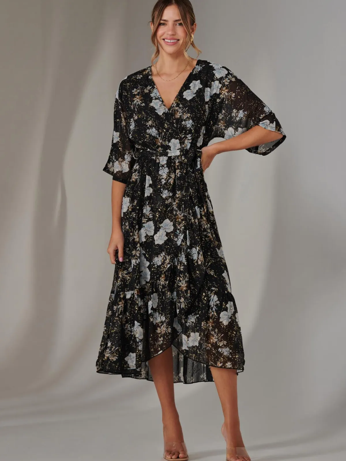 Jolie Moi Occasion Dresses|Floral Dresses-Rita Ruffle Hem Chiffon Midi Dress, Black Floral