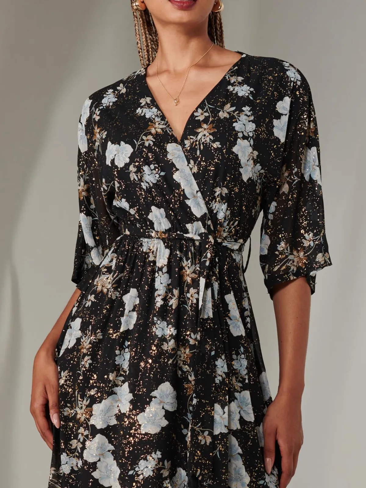 Jolie Moi Occasion Dresses|Floral Dresses-Rita Ruffle Hem Chiffon Midi Dress, Black Floral