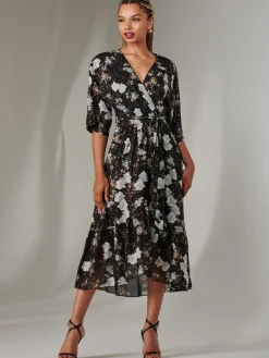 Jolie Moi Occasion Dresses|Floral Dresses-Rita Ruffle Hem Chiffon Midi Dress, Black Floral