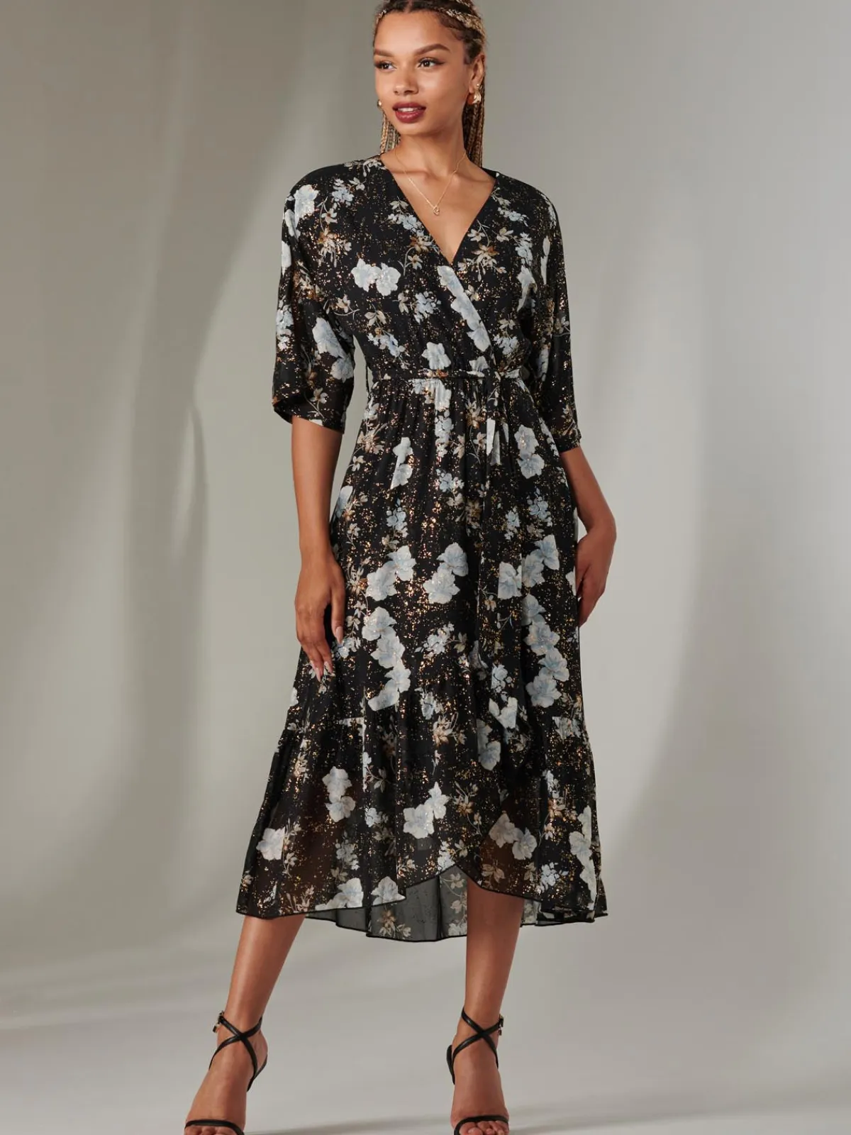 Jolie Moi Occasion Dresses|Floral Dresses-Rita Ruffle Hem Chiffon Midi Dress, Black Floral