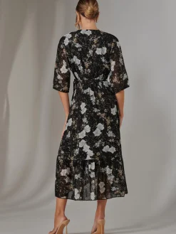 Jolie Moi Occasion Dresses|Floral Dresses-Rita Ruffle Hem Chiffon Midi Dress, Black Floral