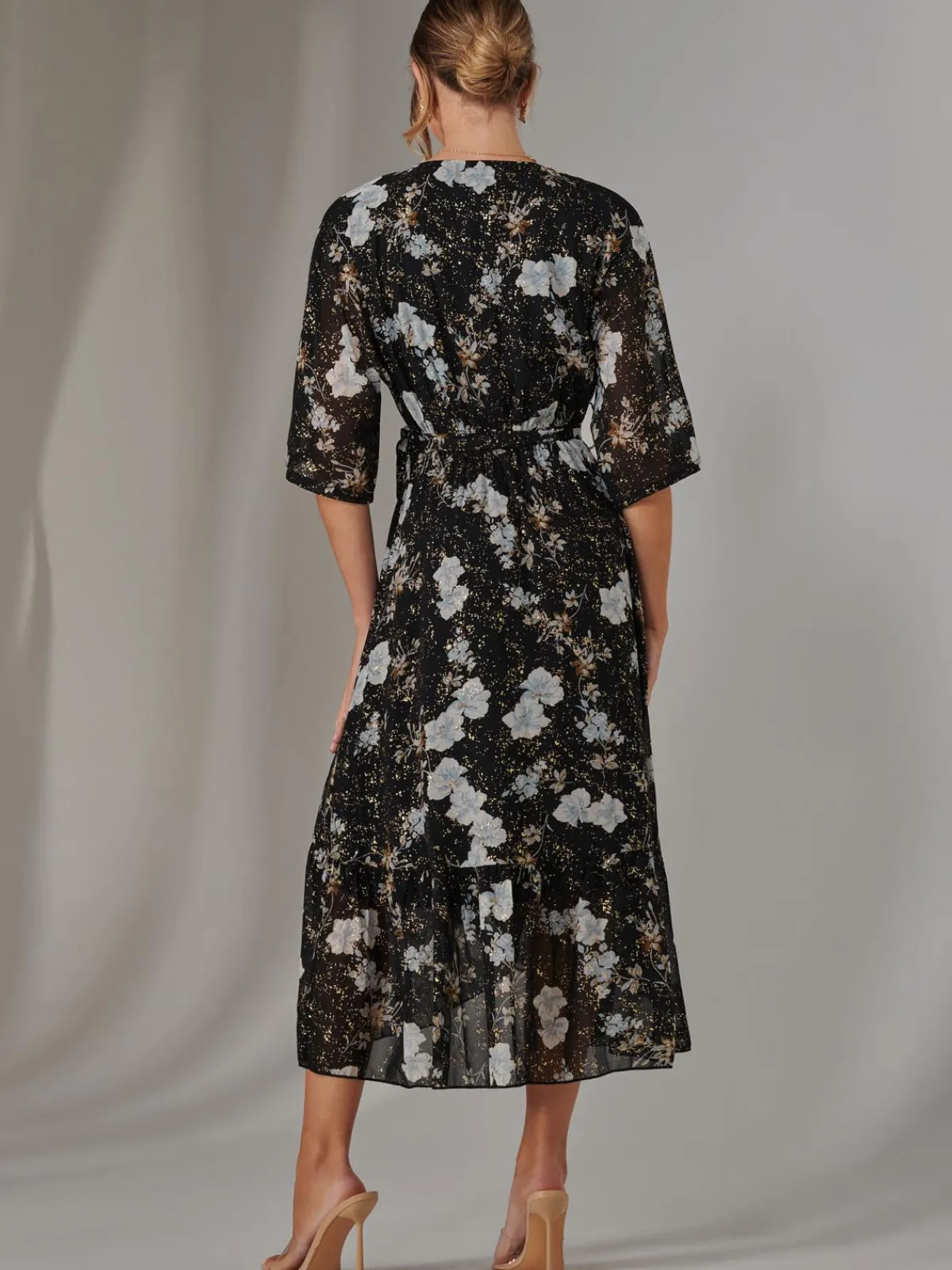 Jolie Moi Occasion Dresses|Floral Dresses-Rita Ruffle Hem Chiffon Midi Dress, Black Floral