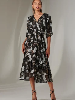 Jolie Moi Occasion Dresses|Floral Dresses-Rita Ruffle Hem Chiffon Midi Dress, Black Floral