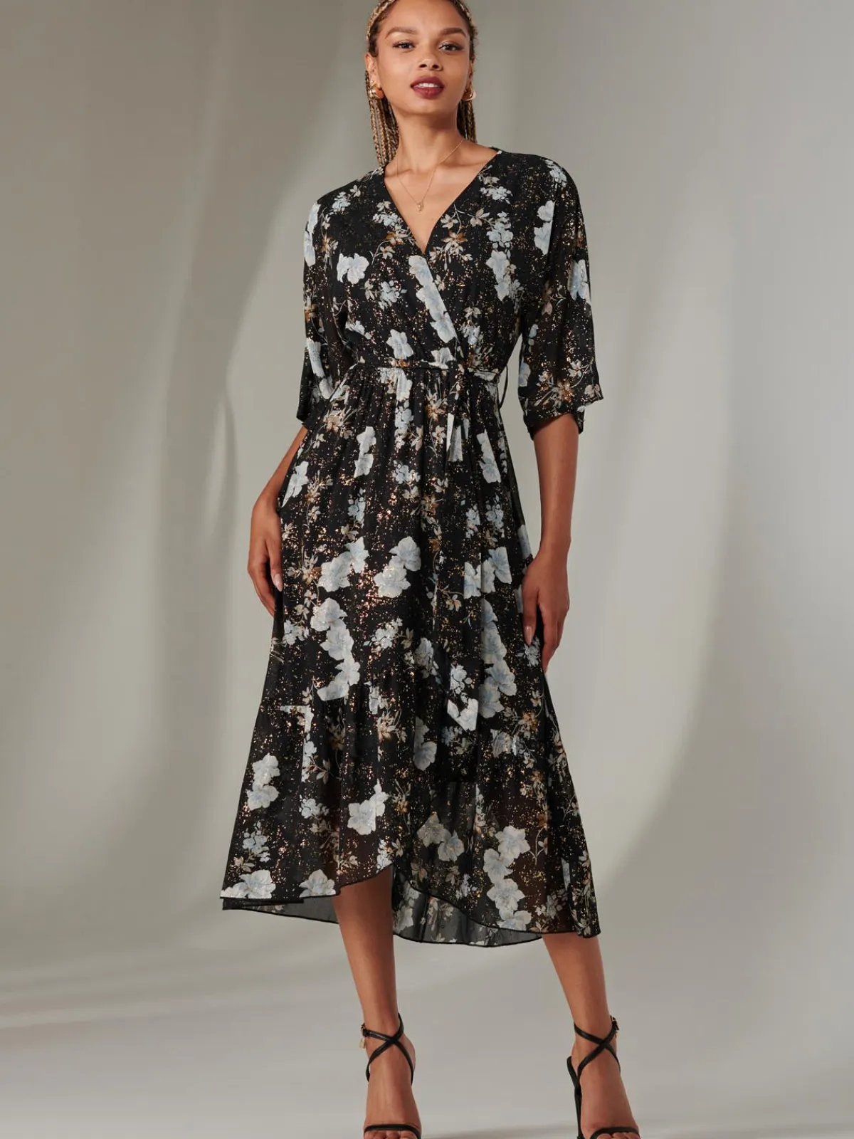 Jolie Moi Occasion Dresses|Floral Dresses-Rita Ruffle Hem Chiffon Midi Dress, Black Floral