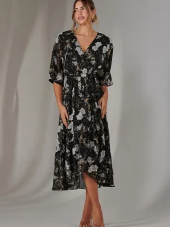Jolie Moi Occasion Dresses|Floral Dresses-Rita Ruffle Hem Chiffon Midi Dress, Black Floral