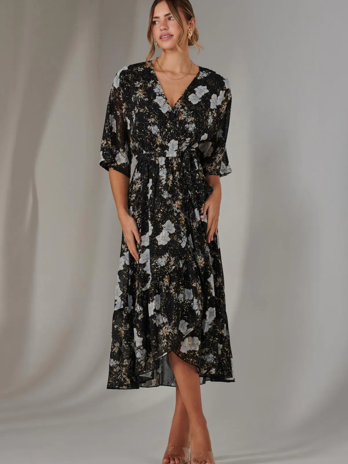 Jolie Moi Occasion Dresses|Floral Dresses-Rita Ruffle Hem Chiffon Midi Dress, Black Floral