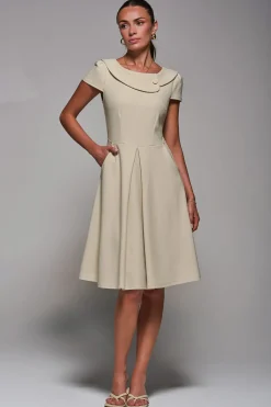 Jolie Moi Occasion Dresses|Office Dresses-Roll Collar Cap Sleeve Midi Dress, Beige