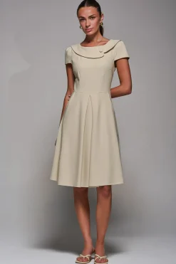 Jolie Moi Occasion Dresses|Office Dresses-Roll Collar Cap Sleeve Midi Dress, Beige