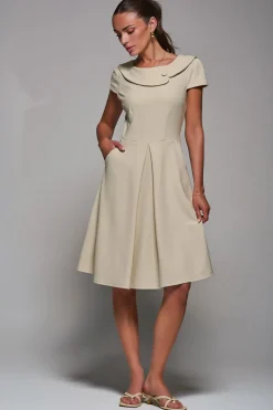 Jolie Moi Occasion Dresses|Office Dresses-Roll Collar Cap Sleeve Midi Dress, Beige
