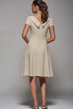 Jolie Moi Occasion Dresses|Office Dresses-Roll Collar Cap Sleeve Midi Dress, Beige