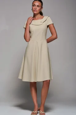 Jolie Moi Occasion Dresses|Office Dresses-Roll Collar Cap Sleeve Midi Dress, Beige