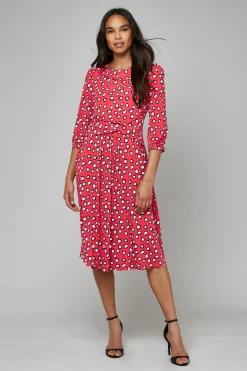 Jolie Moi Occasion Dresses|Jersey Dresses-Roll Collar Jersey Tea Dress, Red Polka
