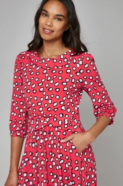 Jolie Moi Occasion Dresses|Jersey Dresses-Roll Collar Jersey Tea Dress, Red Polka