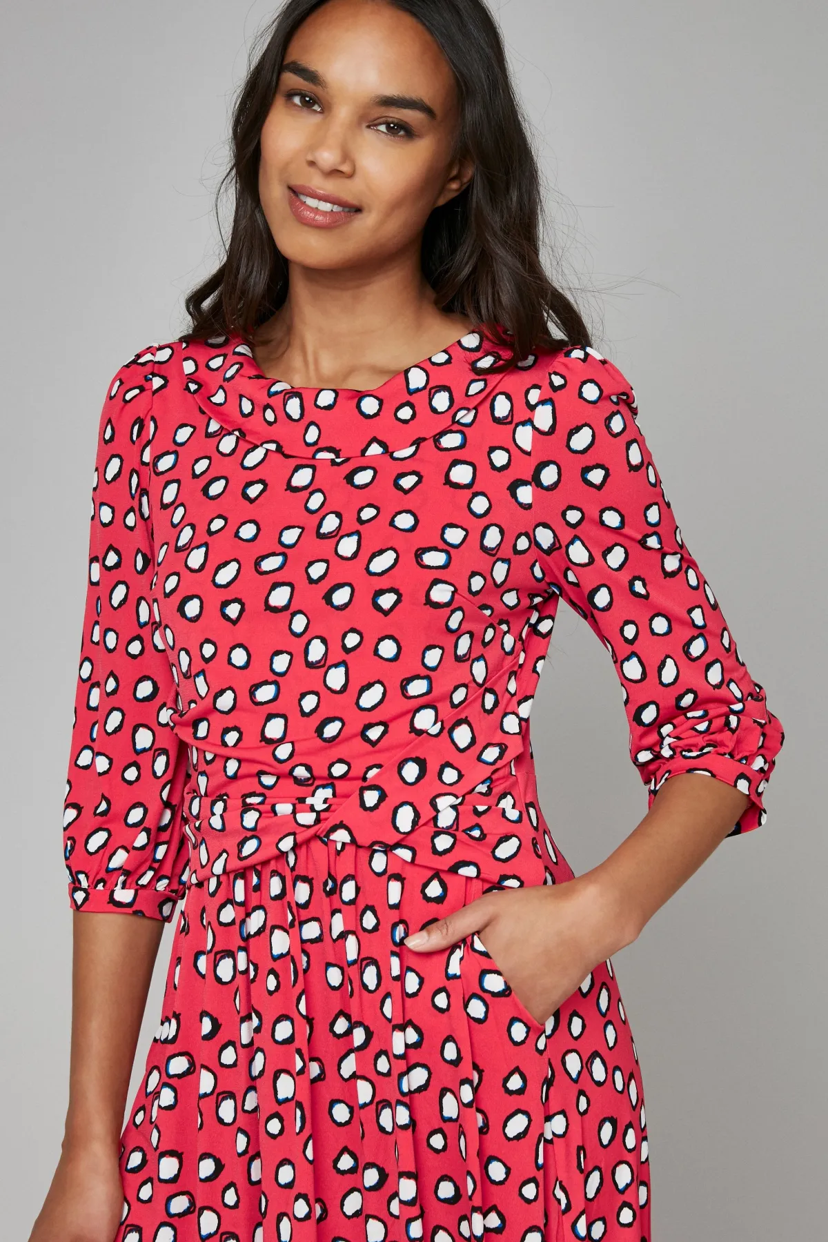 Jolie Moi Occasion Dresses|Jersey Dresses-Roll Collar Jersey Tea Dress, Red Polka