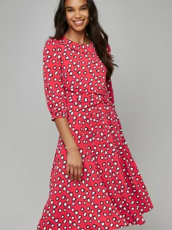 Jolie Moi Occasion Dresses|Jersey Dresses-Roll Collar Jersey Tea Dress, Red Polka