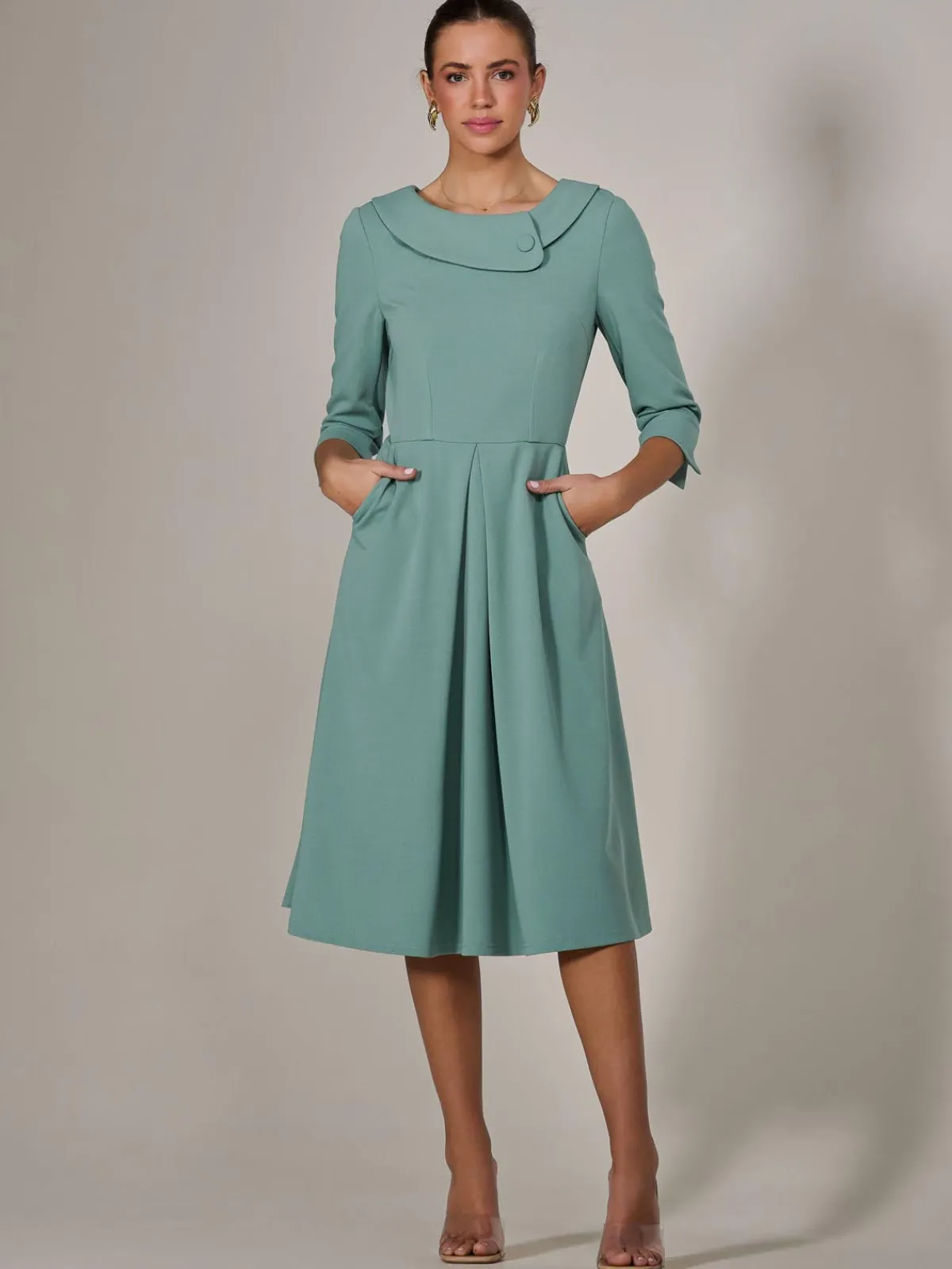 Jolie Moi Occasion Dresses|Race Day Dresses-Roll Collar Long Sleeve Midi Dress, Mint Green