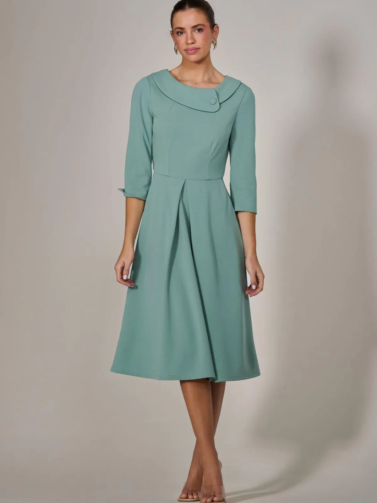 Jolie Moi Occasion Dresses|Race Day Dresses-Roll Collar Long Sleeve Midi Dress, Mint Green