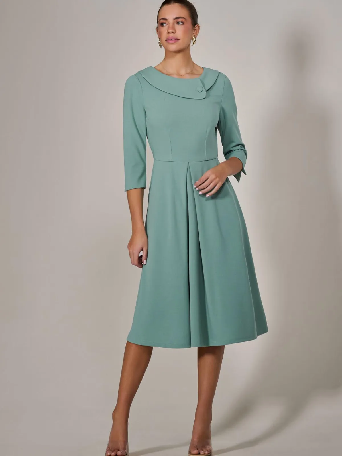 Jolie Moi Occasion Dresses|Race Day Dresses-Roll Collar Long Sleeve Midi Dress, Mint Green
