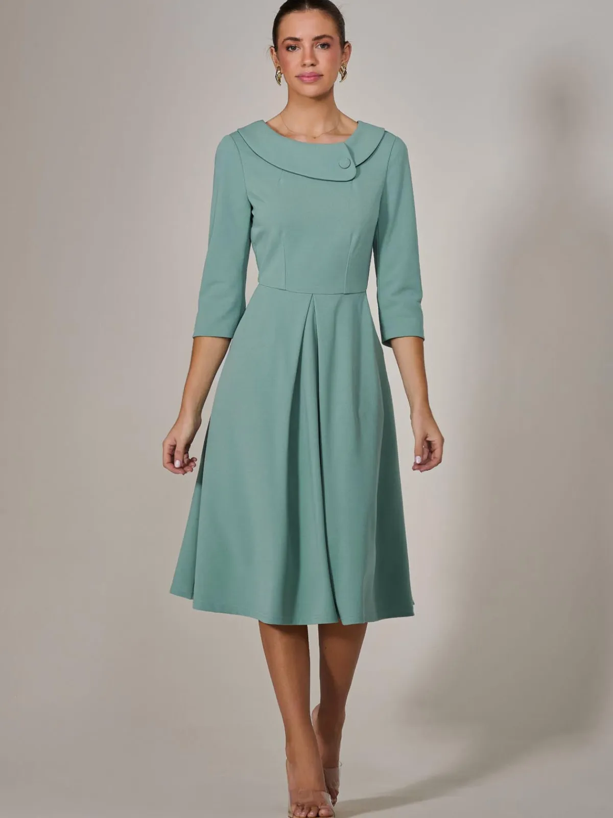 Jolie Moi Occasion Dresses|Race Day Dresses-Roll Collar Long Sleeve Midi Dress, Mint Green