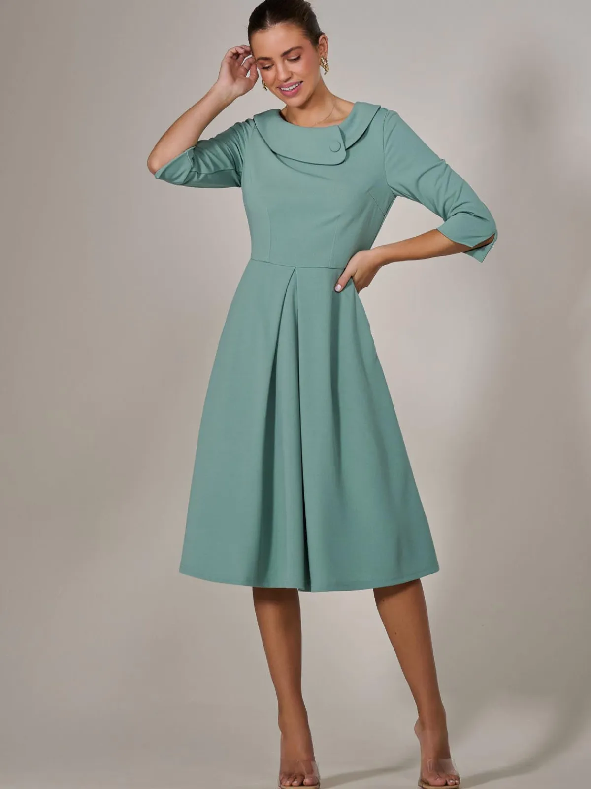 Jolie Moi Occasion Dresses|Race Day Dresses-Roll Collar Long Sleeve Midi Dress, Mint Green
