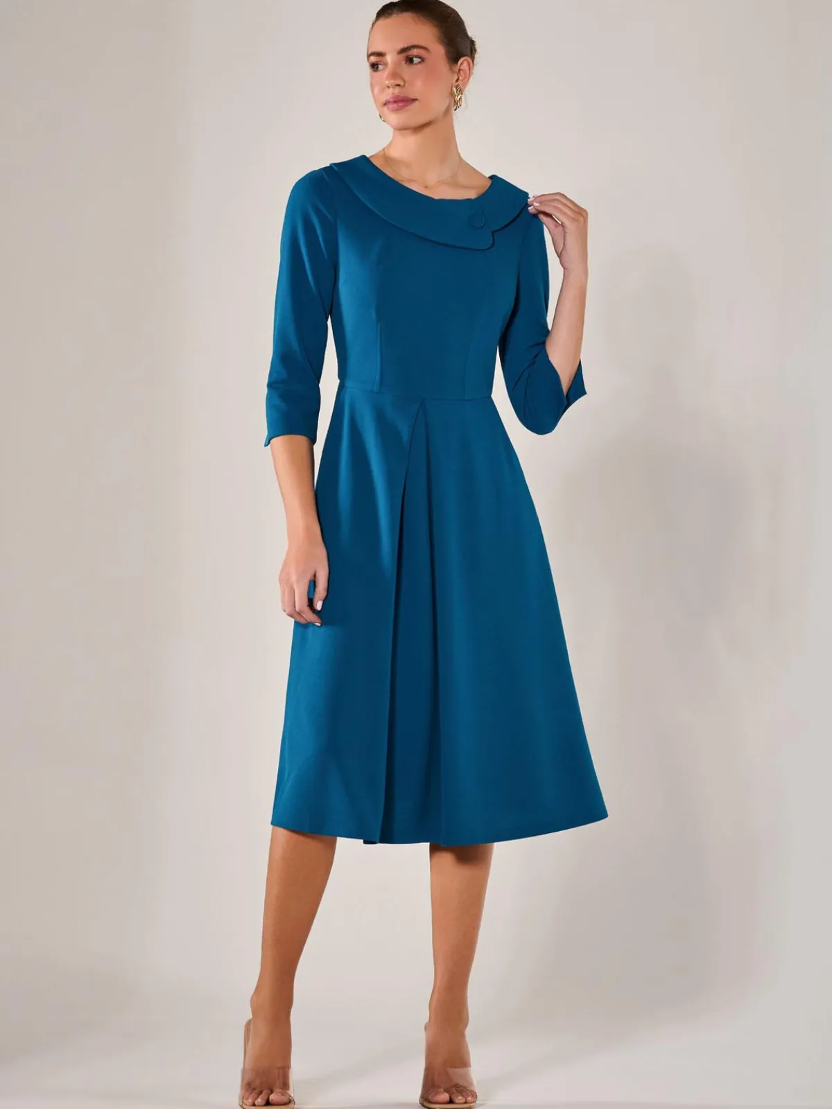 Jolie Moi Occasion Dresses|Midi Dresses-Roll Collar Long Sleeve Midi Dress, Teal