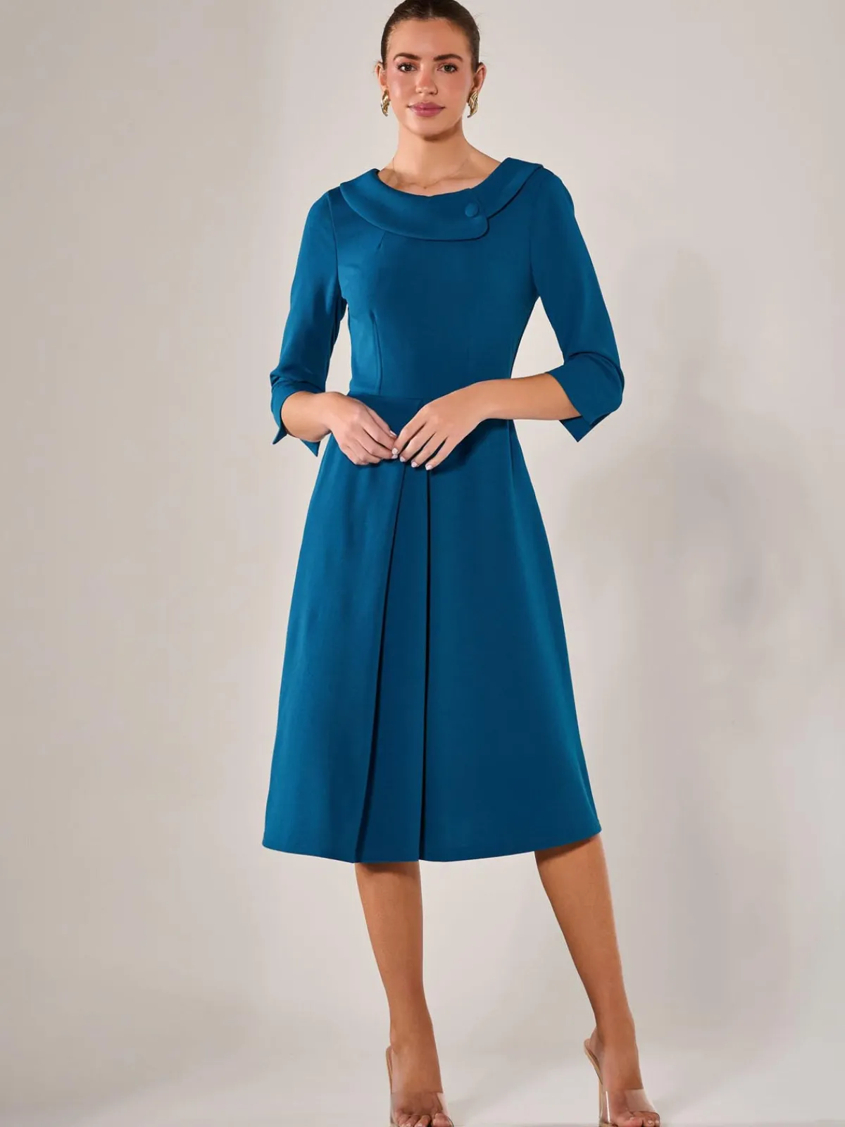 Jolie Moi Occasion Dresses|Midi Dresses-Roll Collar Long Sleeve Midi Dress, Teal