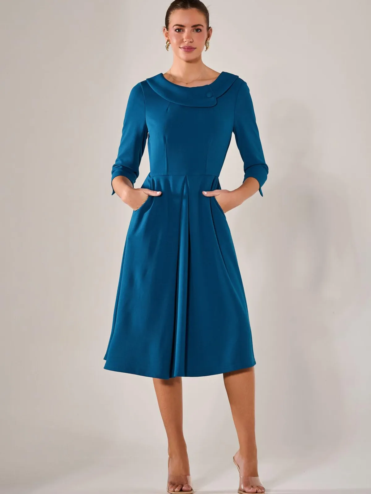 Jolie Moi Occasion Dresses|Midi Dresses-Roll Collar Long Sleeve Midi Dress, Teal
