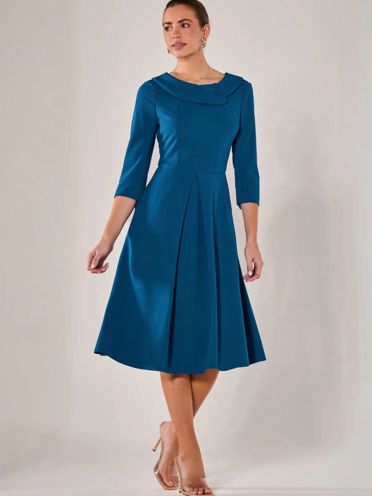 Jolie Moi Occasion Dresses|Midi Dresses-Roll Collar Long Sleeve Midi Dress, Teal