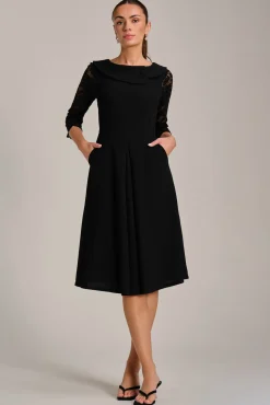 Jolie Moi Occasion Dresses|Office Dresses-Roll Neck Lace Sleeve Fit & Flare Midi Dress, Black