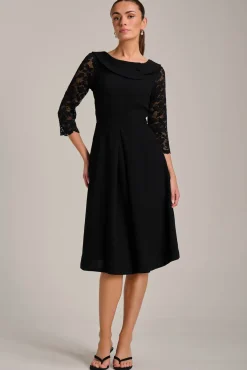 Jolie Moi Occasion Dresses|Office Dresses-Roll Neck Lace Sleeve Fit & Flare Midi Dress, Black