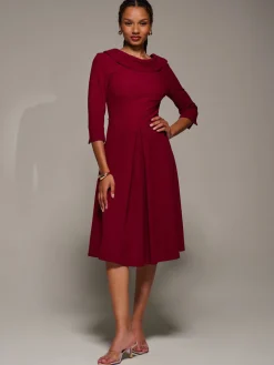 Jolie Moi Occasion Dresses|Office Dresses-Roll Neck Lace Sleeve Fit & Flare Midi Dress, Dark Red