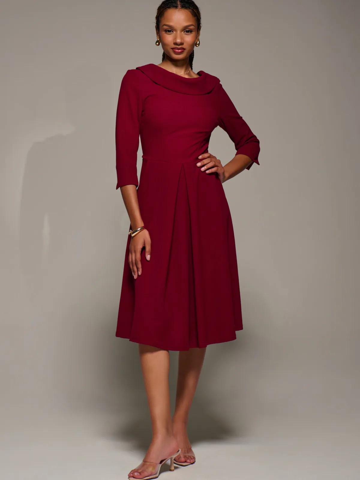 Jolie Moi Occasion Dresses|Office Dresses-Roll Neck Lace Sleeve Fit & Flare Midi Dress, Dark Red