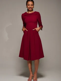 Jolie Moi Occasion Dresses|Office Dresses-Roll Neck Lace Sleeve Fit & Flare Midi Dress, Dark Red