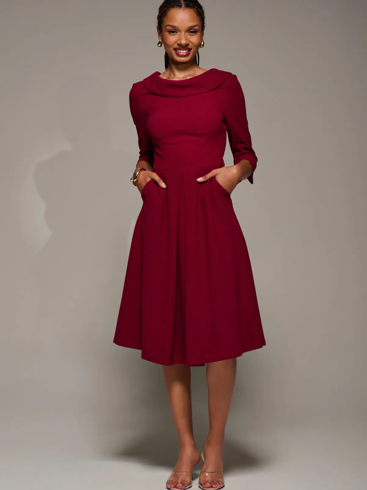 Jolie Moi Occasion Dresses|Office Dresses-Roll Neck Lace Sleeve Fit & Flare Midi Dress, Dark Red