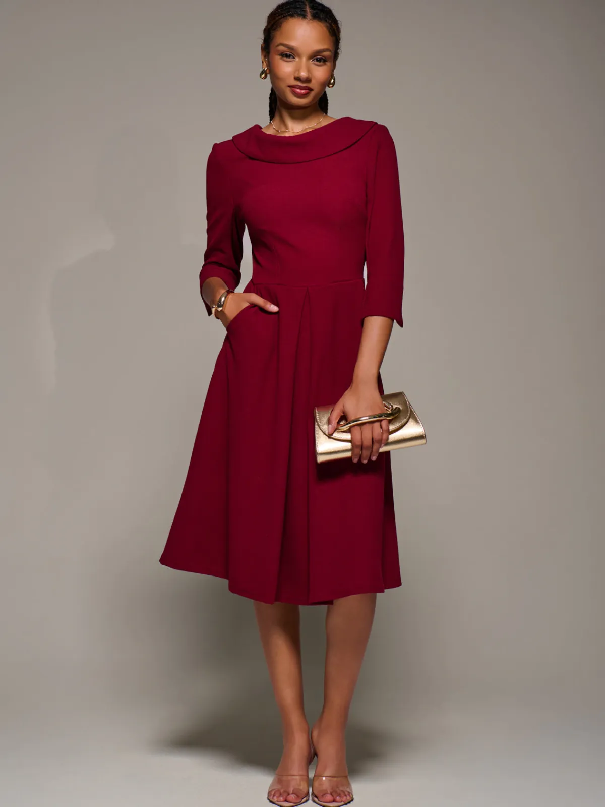Jolie Moi Occasion Dresses|Office Dresses-Roll Neck Lace Sleeve Fit & Flare Midi Dress, Dark Red