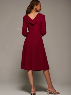 Jolie Moi Occasion Dresses|Office Dresses-Roll Neck Lace Sleeve Fit & Flare Midi Dress, Dark Red