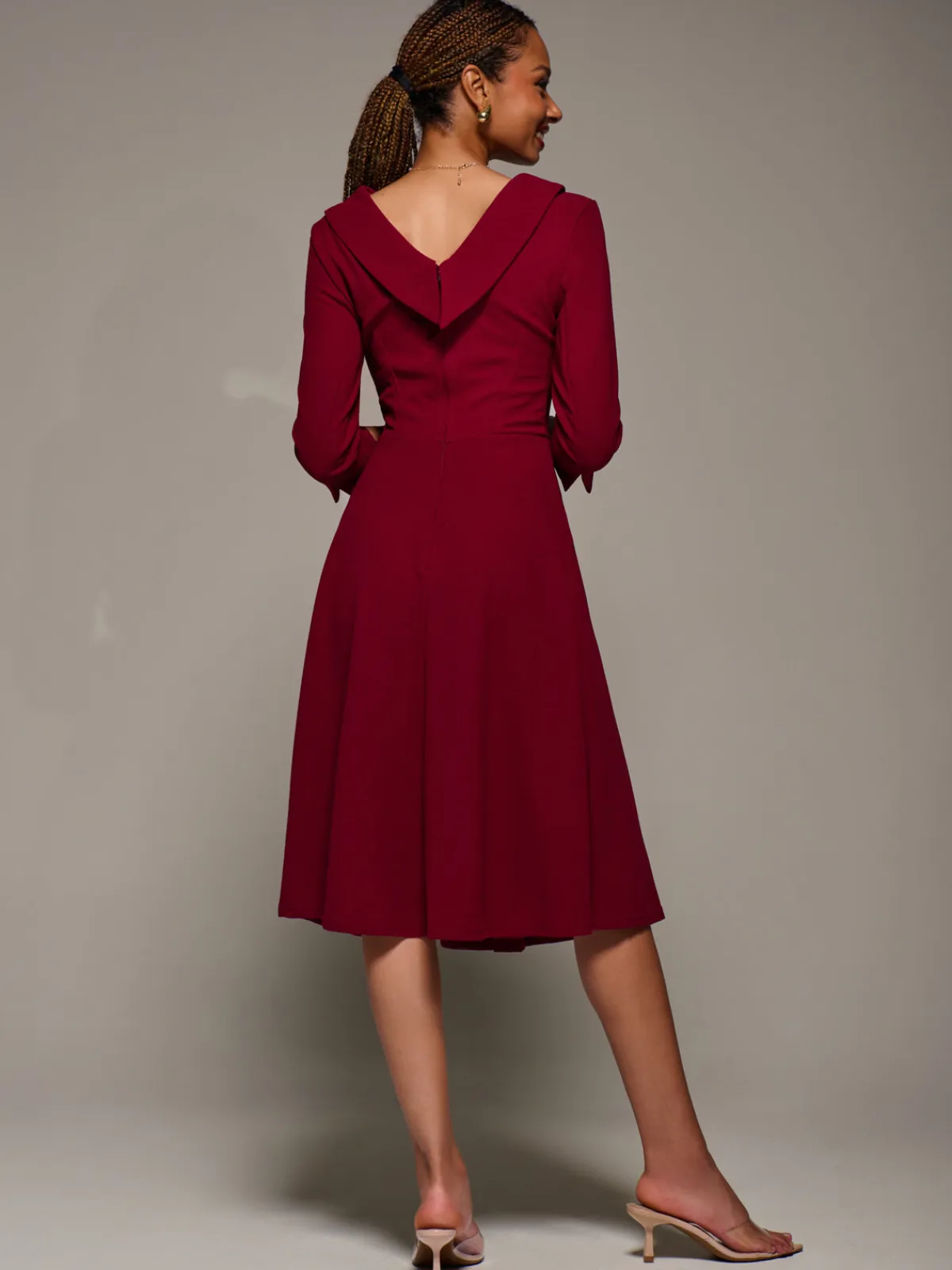 Jolie Moi Occasion Dresses|Office Dresses-Roll Neck Lace Sleeve Fit & Flare Midi Dress, Dark Red