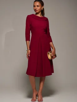 Jolie Moi Occasion Dresses|Office Dresses-Roll Neck Lace Sleeve Fit & Flare Midi Dress, Dark Red