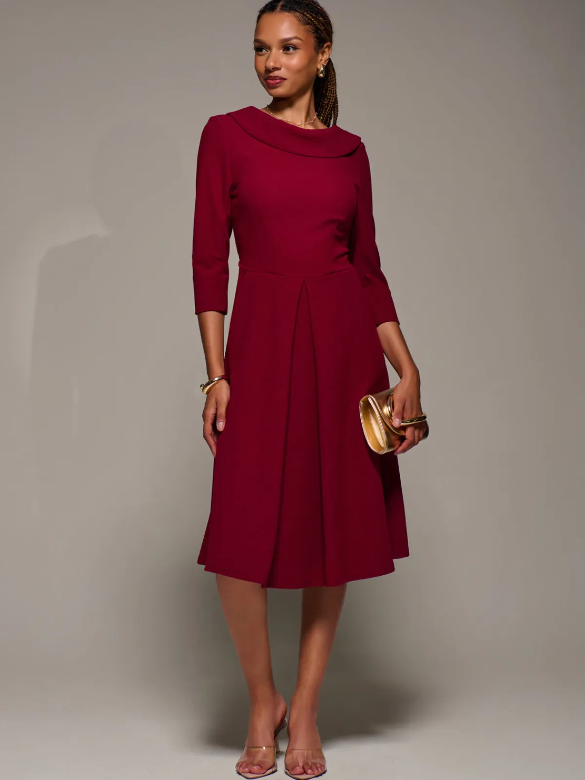 Jolie Moi Occasion Dresses|Office Dresses-Roll Neck Lace Sleeve Fit & Flare Midi Dress, Dark Red