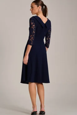 Jolie Moi Occasion Dresses|Office Dresses-Roll Neck Lace Sleeve Fit & Flare Midi Dress, Navy
