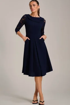 Jolie Moi Occasion Dresses|Office Dresses-Roll Neck Lace Sleeve Fit & Flare Midi Dress, Navy