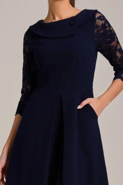 Jolie Moi Occasion Dresses|Office Dresses-Roll Neck Lace Sleeve Fit & Flare Midi Dress, Navy