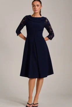 Jolie Moi Occasion Dresses|Office Dresses-Roll Neck Lace Sleeve Fit & Flare Midi Dress, Navy