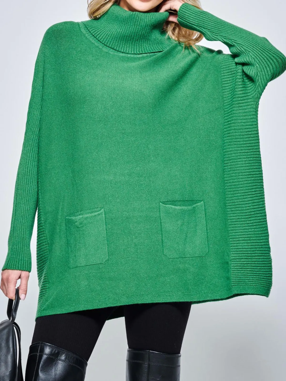 Jolie Moi Knitted Jumpers-Roll Neck Pocket Front Knit Jumper, Green