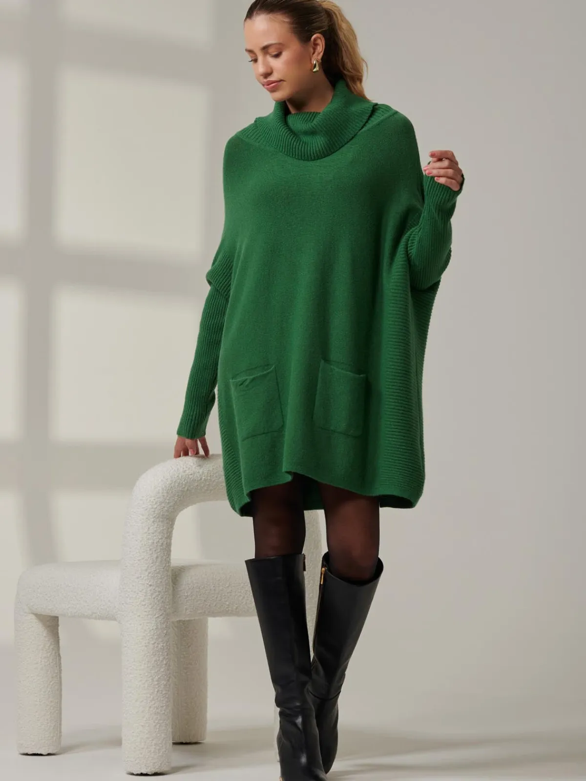 Jolie Moi Knitted Jumpers-Roll Neck Pocket Front Knit Jumper, Green