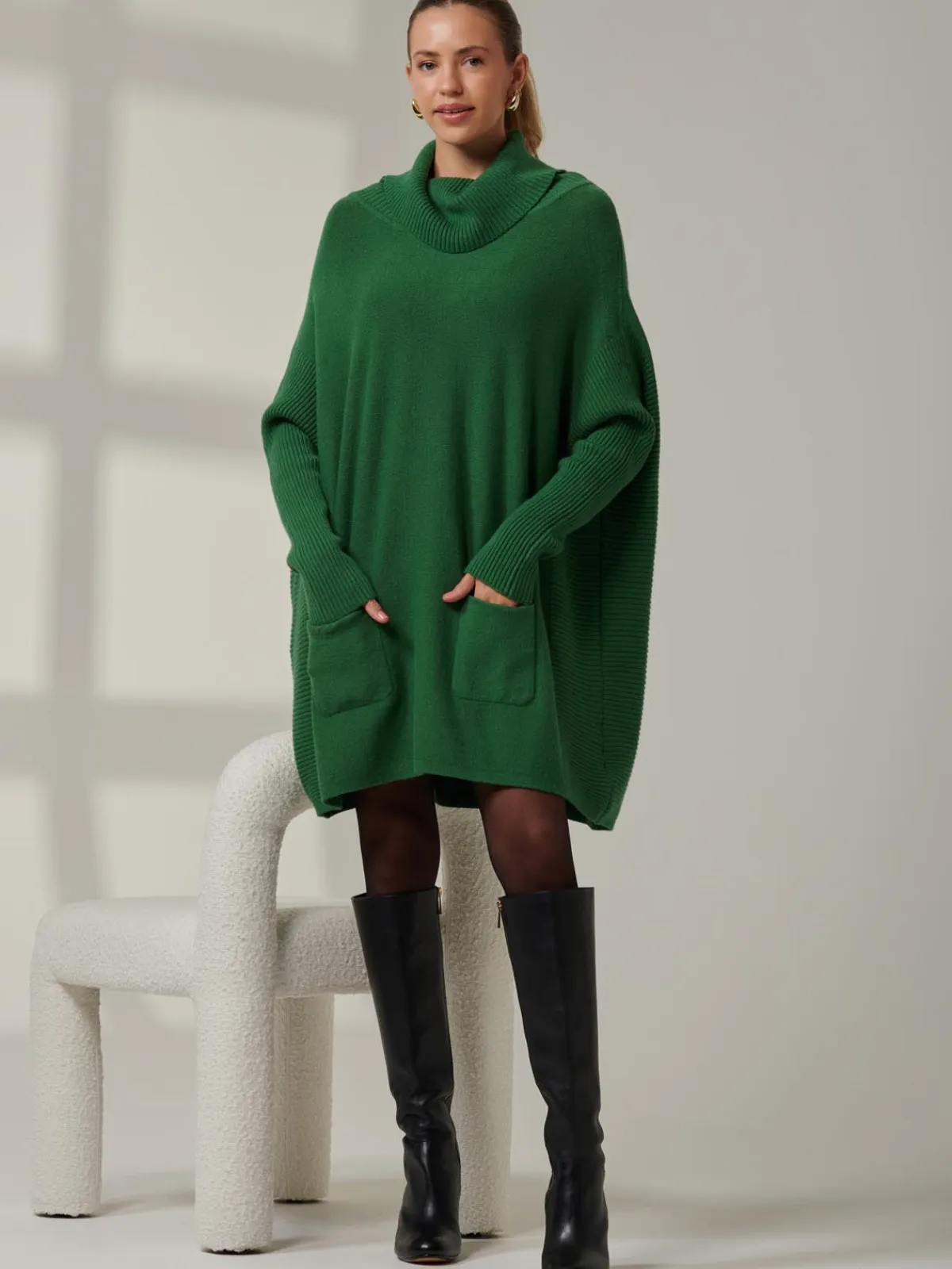 Jolie Moi Knitted Jumpers-Roll Neck Pocket Front Knit Jumper, Green