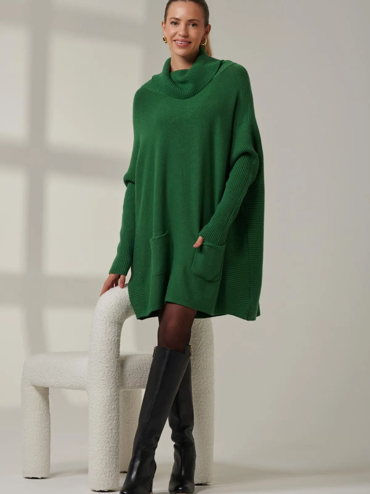 Jolie Moi Knitted Jumpers-Roll Neck Pocket Front Knit Jumper, Green